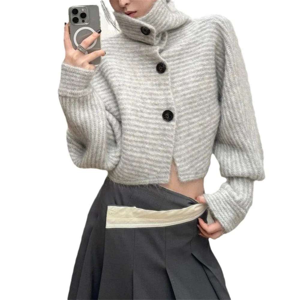 Image of Cozy Gray Striped Turtleneck Sweater for Women – Oversized Knit Cardigan with Button Detail, Long Sleeve Loose Fit Autumn Fashion Top