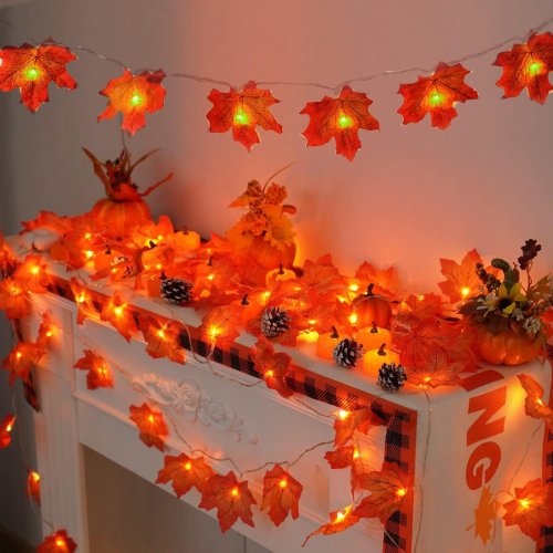 Zdjęcie 1PC girlandy świetlne w kształcie liści klonu 10/20/30/40 diody LED na baterie wodoodporne na Halloween na zewnątrz jesień dekoracje na święto dziękczynienia
