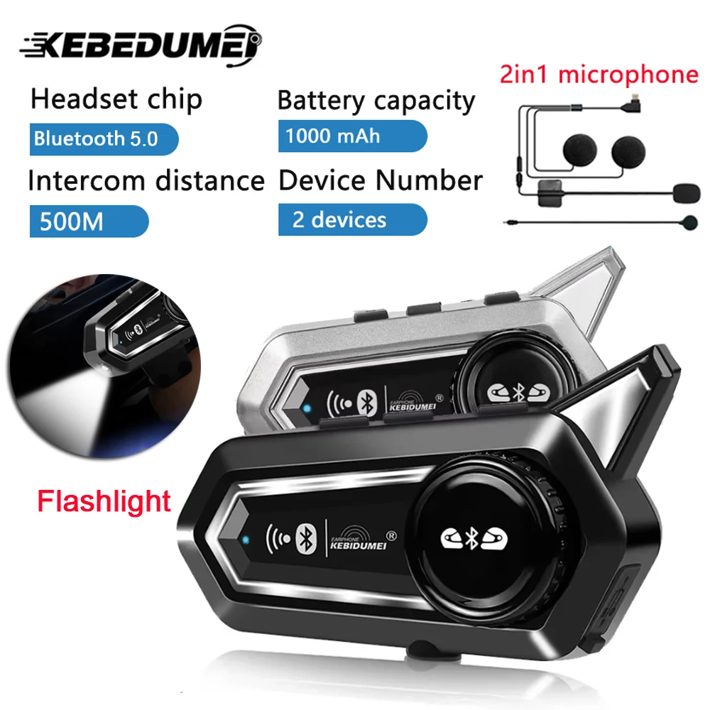 Bild von Bluetooth-Helm-Headset für Motorradfahrer mit Intercom-Funktion, 1000mAh Akku, 500m Reichweite und integrierter Taschenlampe – Hochwertige Freisprecheinrichtung für sicheren Motorradkomfort