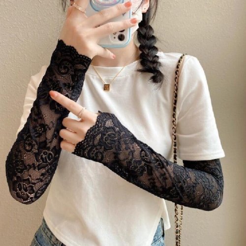 Afbeelding van Vrouwen Zomer Ijs Zijde Kant Arm Mouw Elastische Mouw Rijhandschoenen Zwart Wit Lange Vingerloze Wanten Zonnebrandhandschoenen