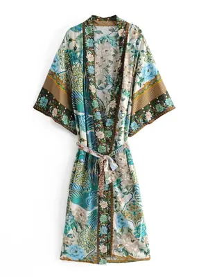 Image de Robe Kimono Bohème Imprimé Paon - Été & Plage