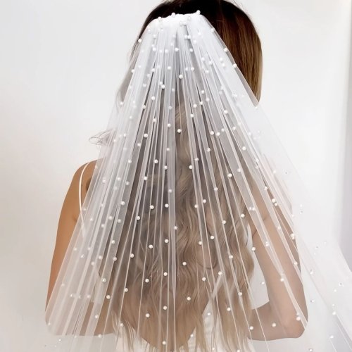 Immagine di Velo da sposa con perle Velo da sposa morbido con perline a 1 livello per la sposa Lunghezza cattedrale con pettine Accessori da sposa V05