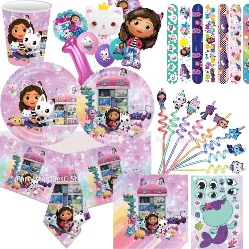 Zdjęcie Zestaw dekoracyjny Gabby Dollhouse – urodzinowe akcesoria dla dzieci z kreskówek: kubki, talerze, obrus, balony i bransoletki na imprezę lub baby shower