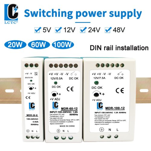 Imagen de Fuente de Alimentación DC de Salida Única con Interruptor, 5V/12V/24V/48V, 20W/40W/60W/100W, 2A/4A/5A/10A, Montaje en Carril DIN para Aplicaciones Industriales y Domésticas