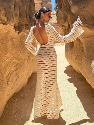 Image de Robe longue maxi tricotée dos nu manches cloche femme été