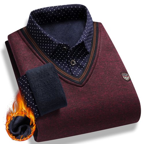 Immagine di Maglione Uomo con Fodera in Pile Autunno-Inverno, Pullover Polo Colletto Falso a Due Pezzi, Spesso e Caldo, Abbigliamento Casual in Maglieria