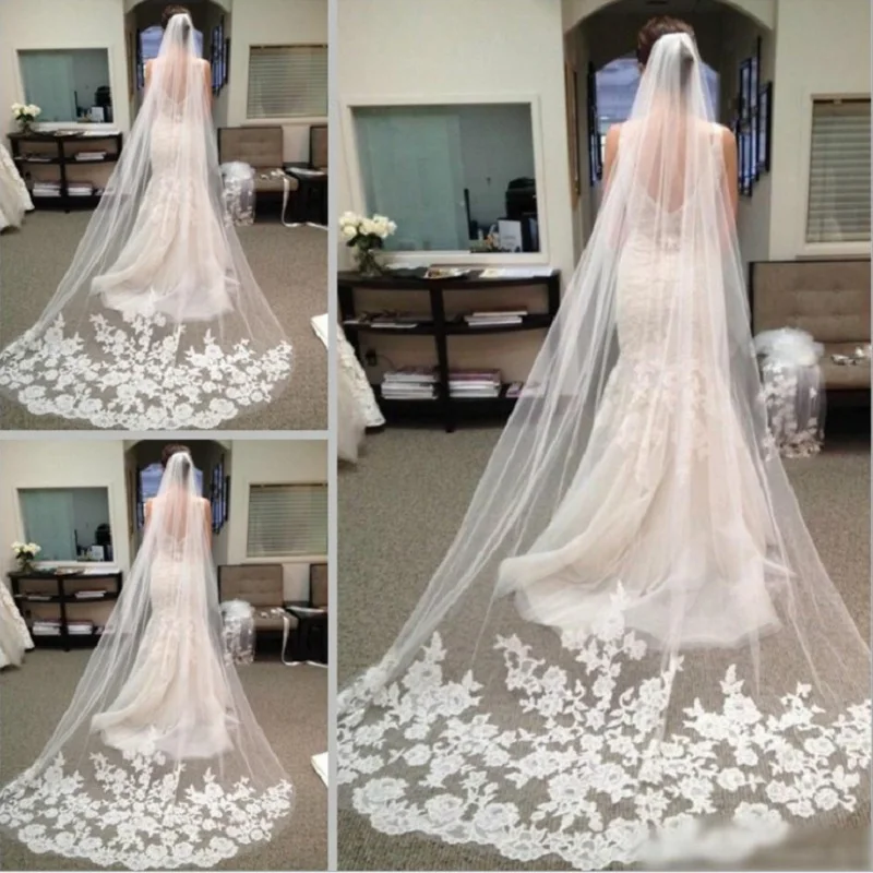 Image of Elegant 3M Cathedral Wedding Veil with Lace Edge and Comb - Timeless Bridal Veil for Your Dream Wedding