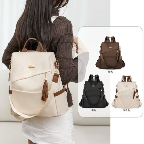 Image of Stylish Women's Nylon Anti-Theft Backpack with Tassel Decor, Large Capacity Casual Travel Shoulder Bag for Students and Daily Use