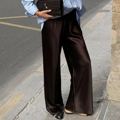 Pantalon Large Satin Marron Élégant Femme