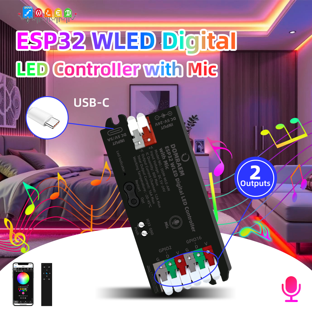 Imagen de DOMRAEM ESP32 WLED Controlador de tira LED digital con micrófono, USB-C. Admite WS2811/2812B/2814/2805etc. Funciona con HA/MQTT/Alexa