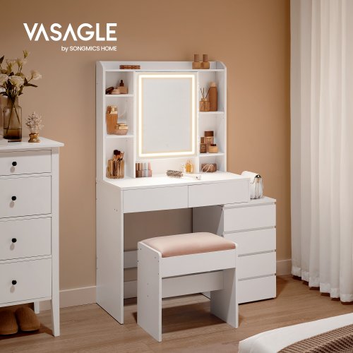 Image of VASAGLE LED Lighting Dressing Table with Mirror, Drawers, Open Compartments, Adjustable Shelves, Stool, Adjustable Brightness
