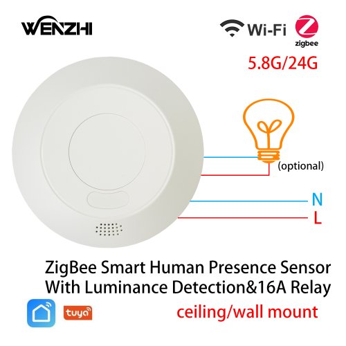 Zdjęcie Czujnik obecności/presencji ciała ludzkiego ZigBee/WiFi z radarem MmWave do włącznika światła, wykrywanie jasności, 110/220V, Tuya Smart Life Home