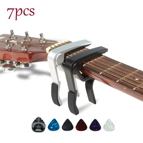 7-delige Gitaarcapo Set voor Akoestische en Elektrische Gitaren met 5 Gratis Plectrums en Opberghouder - Zwart/Zilver