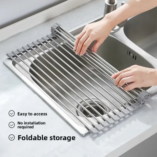 Image of Eco-Friendly Silicone & Stainless Steel Sink Draining Rack with 12-Tube Design for Kitchen Utensils, Fruits, Vegetables, and Dish Storage