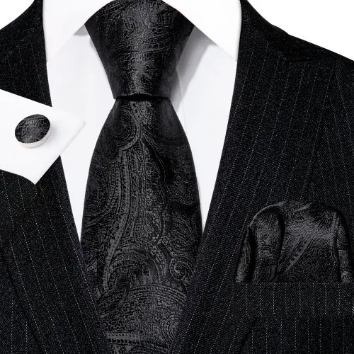 Image de Ensemble Cravate Homme Soie Jacquard Noir Blanc Gris Argent