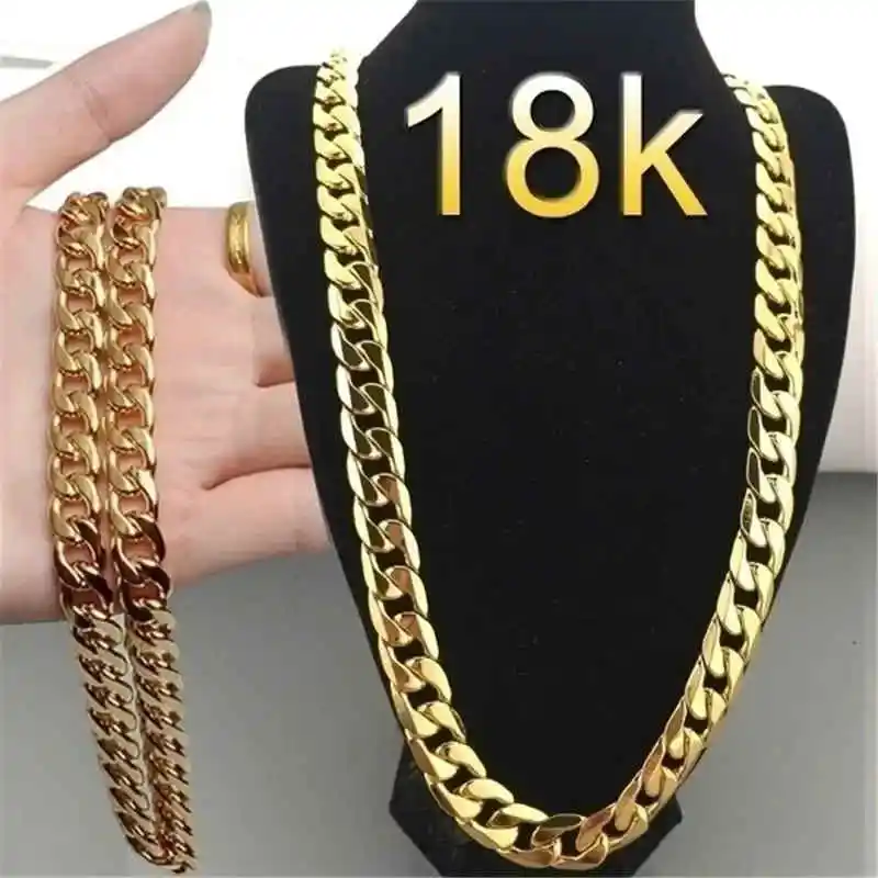 Afbeelding van Elegante 18K Gouden Ketting - 925 Zilverkleurig, 8mm Zijwaartse Ketting voor Heren & Dames