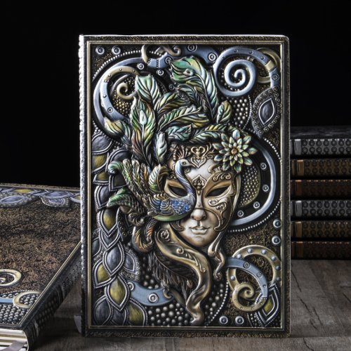Immagine di Quaderno A5 con Copertina Rigida in PU Vintage, Rilievo Maschera, 100 Fogli a Linea Orizzontale – Diario di Apprendimento per Ufficio e Studio