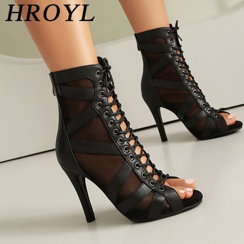 Zdjęcie HROYL Damskie buty do tańca typu high top, krótkie botki do tańca towarzyskiego, buty do jazzu dla dziewcząt/kobiet z zamszową podeszwą, sznurowane sandały imprezowe z siateczki.