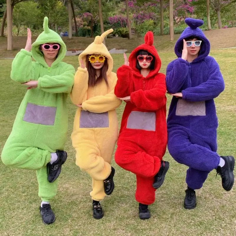 Kostiumy dla dorosłych i dzieci w stylu anime – miękkie, długorękawowe piżamy z motywem Telecostubbies, idealne na cosplay, imprezy i codzienne noszenie