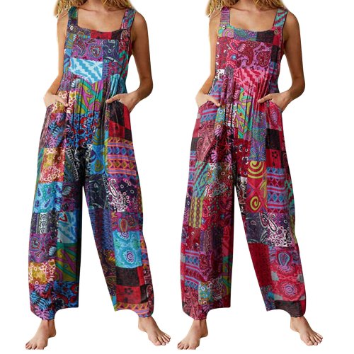 Image of Captivating New Women Summer Overalls, Multicolor Ethnic Style Square Neck Sleeveless Casual Jumpsuit with Pockets for Girls