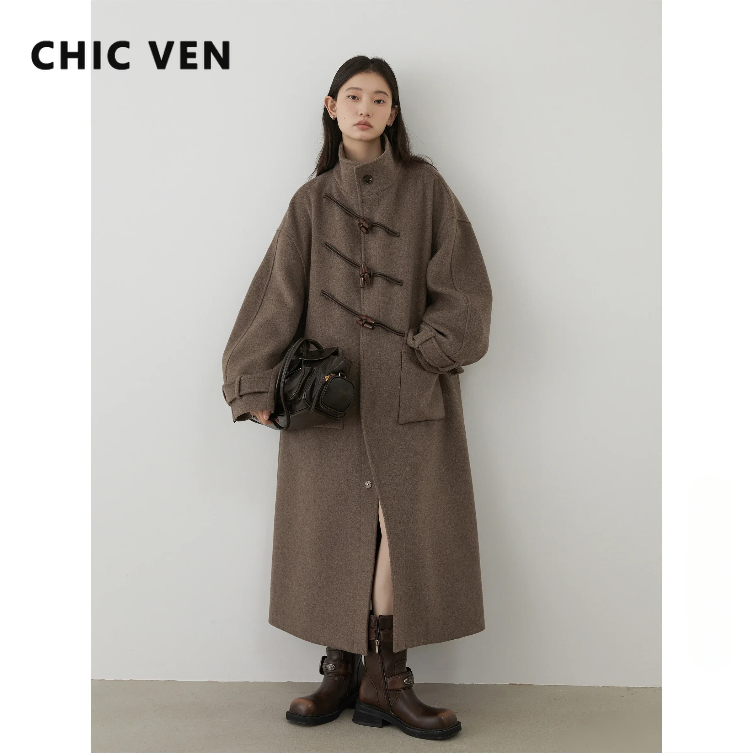 Imagen de CHIC VEN-abrigos largos de lana para mujer, abrigo holgado con un solo pecho y cuello levantado, abrigo de oficina abotonado con cuerno de vaca para Otoño e Invierno 2024