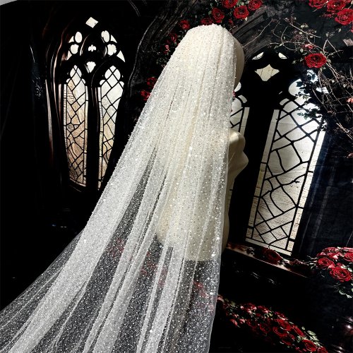 Immagine di Velo da Sposa Lusso con Glitter e Perle - 3m Avorio