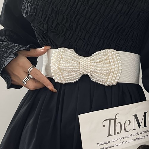 Imagen de Cinturón Elástico con Lazo Grande para Mujer - Cintura Ancha Lateral, Accesorio Elegante para Vestidos y Abrigos, Diseño Decorativo Exquisito