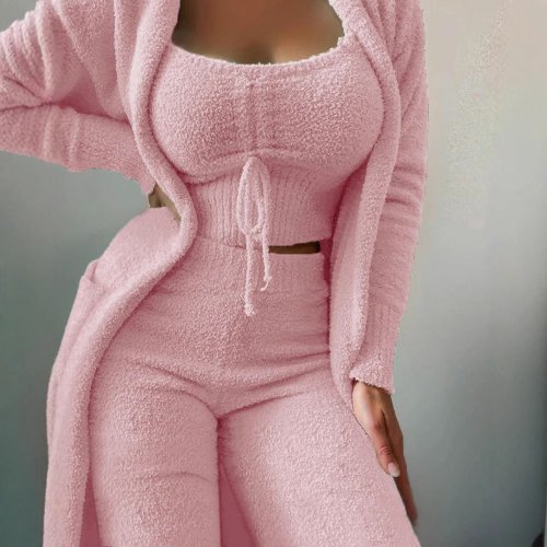 Image of Cozy Luxury Women's Plush 3-Piece Pajama Set with Crop Top, Long Pants, and Matching Coat – Soft Warm Homewear for Comfortable Nights
