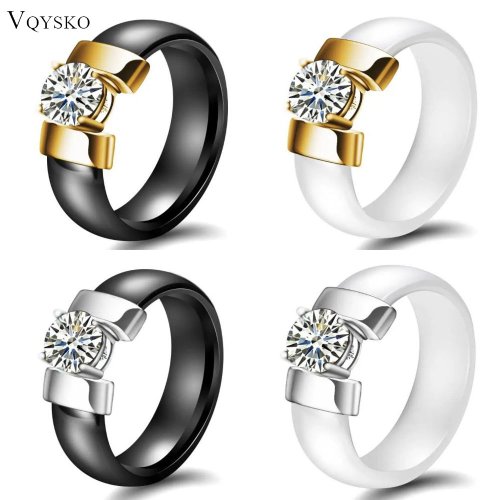 Image of Elegant White and Black Ceramic Wedding Ring with Cubic Zirconia for Women, Gold-Tone Stainless Steel Engagement Band, 6mm Width