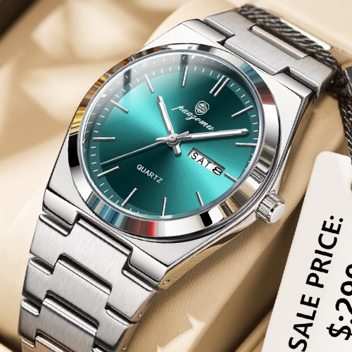 Image of Elegant Stainless Steel Quartz Watch for Men with Luminous Display, Chronograph, Date Function, and Waterproof Design