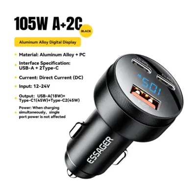 Image de Chargeur Voiture 105W USB-C Rapide avec Affichage Numérique