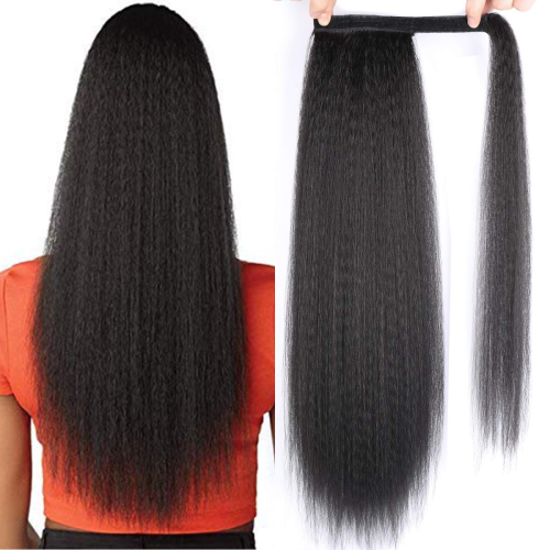 Afbeelding van Synthetische Lange Kinkige Rechte Paardenstaartverlenging met Clip-in & Magic Paste voor Zwarte Vrouwen - 24 Inch Yaki Wrap Around Hair