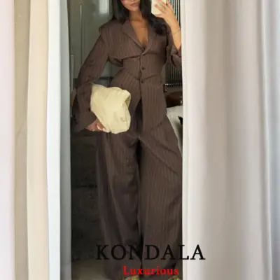 Costume Femme Chic Marron à Rayures - Blazer Col V & Pantalon Large