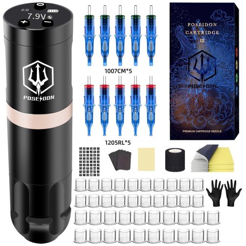 Immagine di Kit Completo di Macchina per Tatuaggi Wireless con Motore Coreless e Set di Penne Professionali per Tatuatori