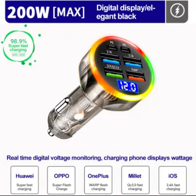 Image de Chargeur Voiture 250W USB-C PD & QC3.0 - 5 Ports + Affichage Numérique
