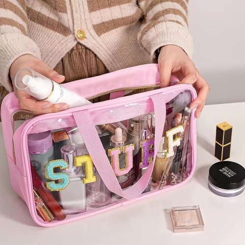 Bild von Transparenter Kosmetikorganizer mit Chenille-Buchstaben – Großer Aufbewahrungsbeutel für Toilettenartikel und Reisekosmetik