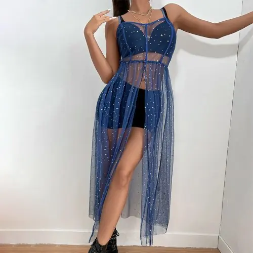 Image de Tunique Bikini Transparente Pailletée - Robe de Plage Fendue