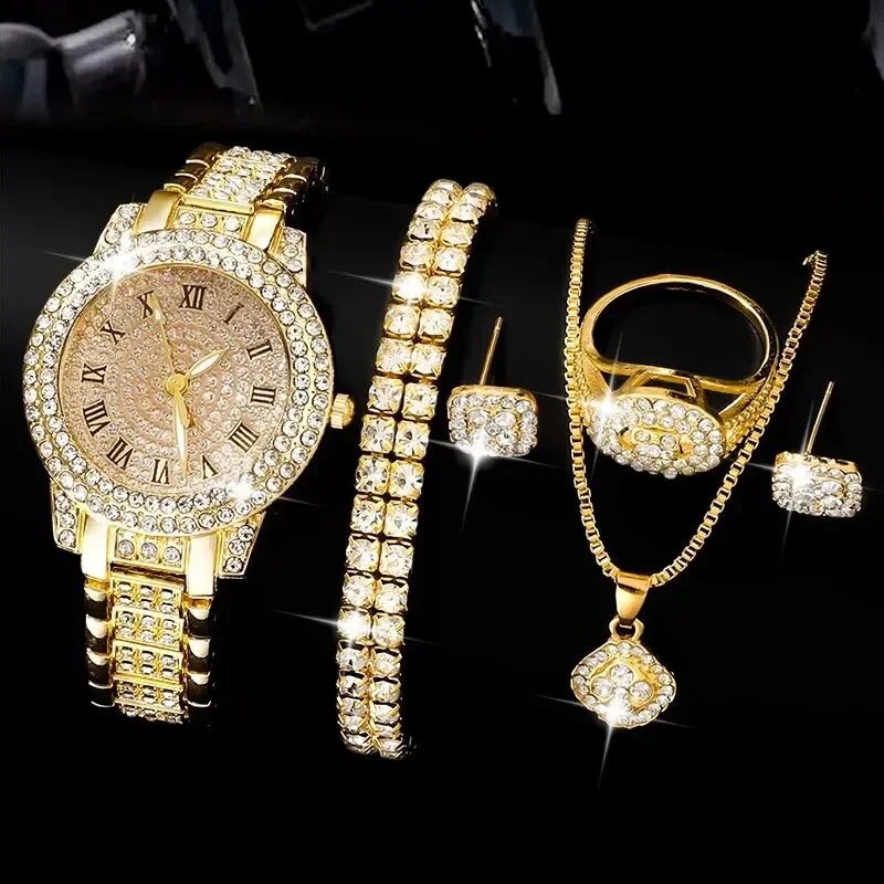 Image de Ensemble Bijoux Doré Femme - Montre + Bague + Collier + Boucles