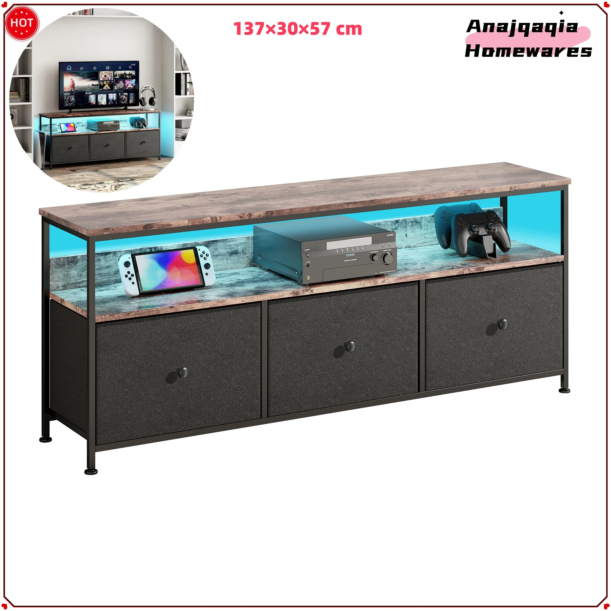 Image of Modern LED Color-Changing TV Cabinet with 3 Drawers and Open Storage – Stylish Media Console for Living Room or Bedroom