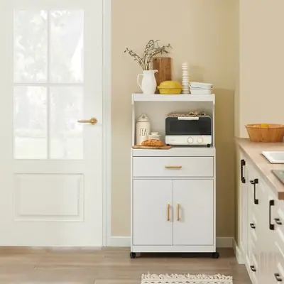 Image de Armoire Micro-ondes sur Roulettes avec Étagères et Tiroir