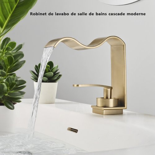 Image of Elegant Brushed Gold Deck Mounted Bathroom Sink Faucet with Hot and Cold Brass Mixer Waterfall Spout for Lavatory Washbasin