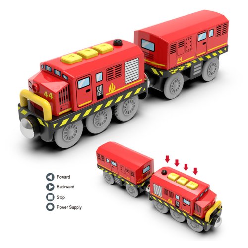 Afbeelding van Houten Magneettrein met Elektrische Locomotief en Twee Rijtuigen - Speelgoed Spoorweg Set voor Kinderen