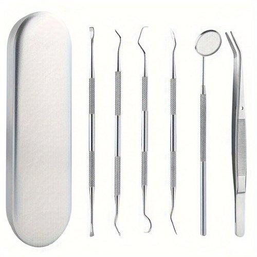 Imagen de Kit de limpieza dental, incluida estuche, raspador de lengua, pinzas, raspadores, removedores de restos, herramientas para palillos de dientes, con mango antideslizante