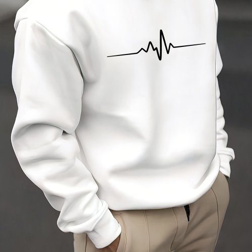 Afbeelding van Heren herfst- en wintermodieus casual los ECG hartslag grafische print fleece trui met lange mouwen en ronde hals