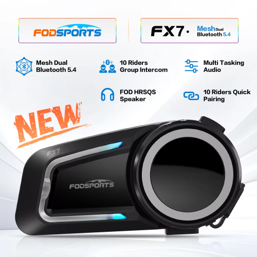 Image of Fodsports FX7 Motorcycle Helmet Intercom with Bluetooth 5.4, Mesh Design, FM Radio, and 2000M Range for Up to 10 Riders