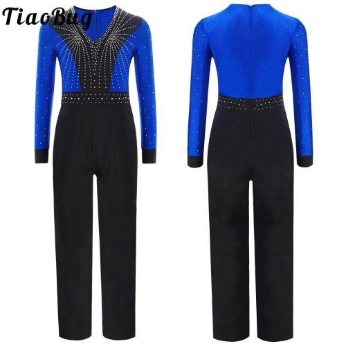 Afbeelding van Elegante Jongens Latin Danspak met Lange Mouwen – Strassversierde Jumpsuit voor Kunstrijden, Ballroom en Competitieprestaties