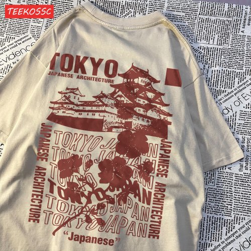 Imagen de Camiseta de algodón para mujer con estampado japonés de sakura de Tokio, ropa informal elegante y cómoda para el verano, talla grande, suave y transpirable