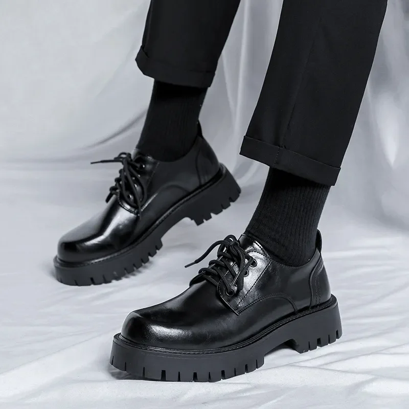 Image of Men Korea Leather Platform Oxfords Slip On Thick Tottom For Male Derby Shoes Casual Loafers Mens Square Toe Formal Dress Shoes