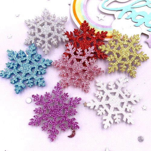 Imagen de Parches de copos de nieve de Navidad, suministros de apliques de horquilla de 30 piezas 42mm de brillo compuesto de oro en polvo