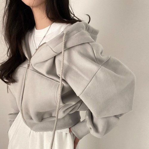 Imagen de Sudadera con Capucha Informal para Mujer, Modelo de Gran Tamaño con Cremallera, Color Sólido Retro, Chaqueta Corta Holgada de Manga Larga Estilo Harajuku, Abrigo Otoñal